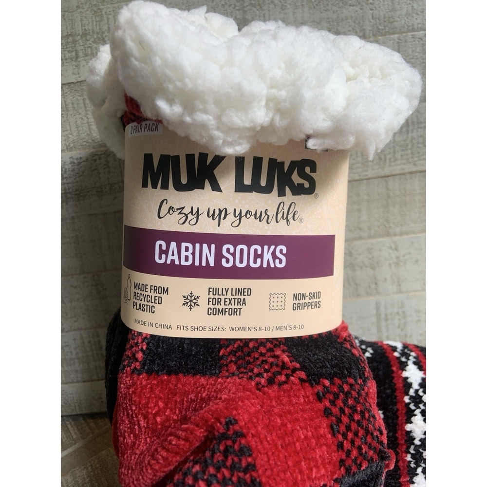 Muk Luks Cabin‎ Socks Red & Black 2 Pair – New Large-XL Thick Warm